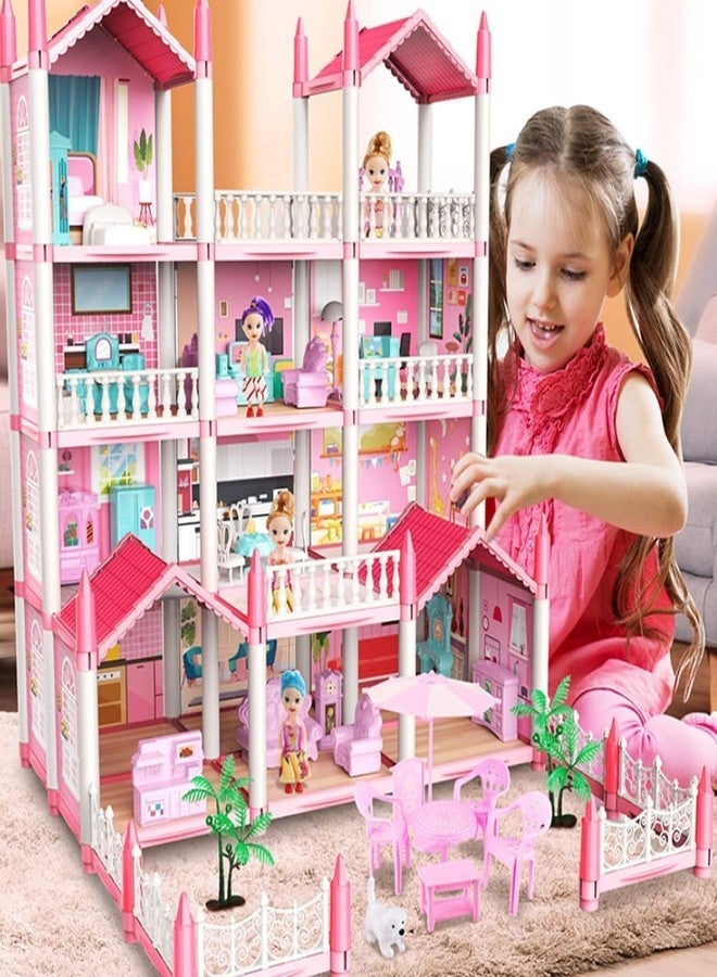 Daji Doll House Building Toys with Lights to Assemble Kitchen, Bedroom, Furniture, Garden, Dolls, Pets, Pink Play Dream House for Girls, Girls Toddler DIY Ideas Gifts - Image 5